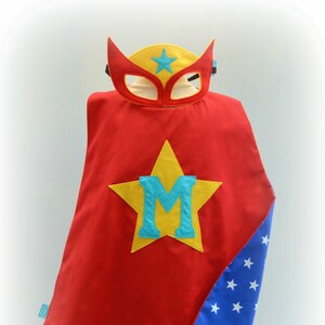 Personalised superhero cape and mask set, red and blue stars