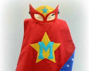 Personalised name superhero cape and mask set, red and blue stars