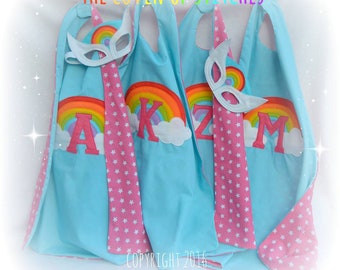 Personalised rainbow cloud superhero cape and mask set blue and pink