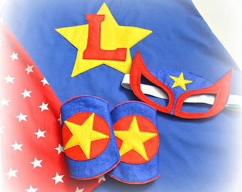 Personalised superhero cape, mask and cuffs set, blue and red stars