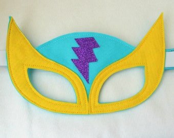 superhero mask - turquoise yellow and glitter purple