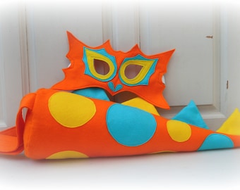 Felt dragon dress up tail and mask - orange, yellow, turquoise