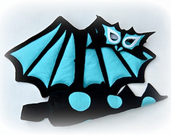 Felt dragon dress up wings, tail and mask - black blue and white