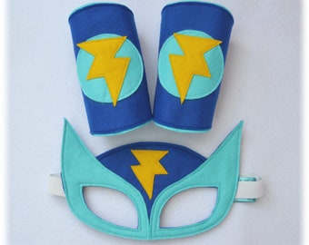 Superhero lightning bolt cuffs and matching mask