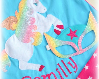 Rainbow unicorn pegasus alicorn superhero cape and mask set with full name personalised