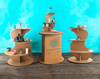 Bologna Display Set: Cardboard Trade Show Stand with Flame Shelves & Round Checkout Table, Eco-Friendly Booth Setup for Fairs, Pop-Up Shops