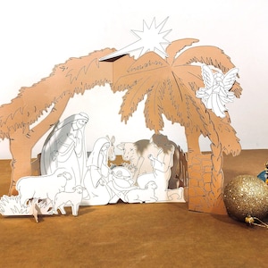 2 Moderno Presepe di natale, presepe di cartone, stile 2d disegnato, natale sostenibile, natività stilizzata, decorazione Natale per vetrina