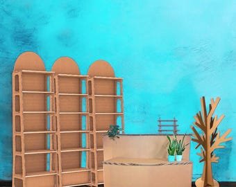 Lisbon Display Set: Sustainable Cardboard Booth with Counters, Tall Shelf & Decorative Tree, Trade Show, Craft Fair Display