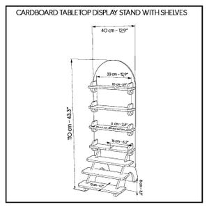 May include: A cardboard tabletop display stand with shelves. The stand is 43.3 inches tall and 12.9 inches wide. It has multiple shelves, with the largest being 12.9 inches wide and the smallest being 3.9 inches wide. The stand is made of cardboard.