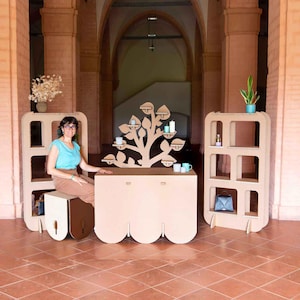 Set CAFÉ: Montaje de stand de cartón para vendedores, caja, expositores, cafetero, perfecto para eventos, ferias, comercios.