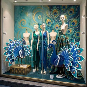 May include: A retail window display featuring two mannequins wearing floor-length draped dresses in shades of emerald and sapphire blue. Two stylized peacock sculptures with large, vibrant blue and green tail feathers stand on gold pedestals.