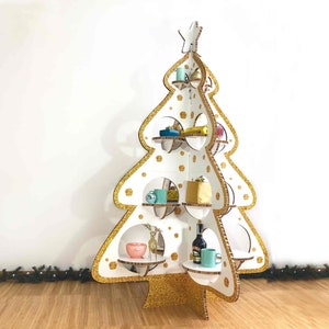Árbol de Navidad grande de cartón con estantes, árbol blanco y dorado, árbol escaparate de Navidad, para tienda, para supermercado