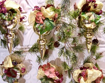 Large Floral gold Ornaments with berries ribbon and more  6 available