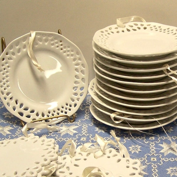 White Porcelain Doily plates with hangers craft supply New Old Stock 10 available