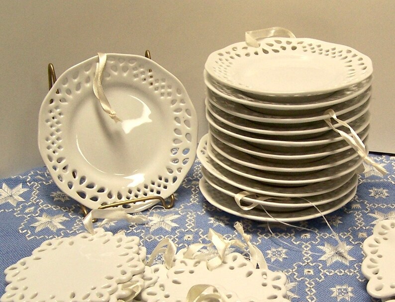 White Porcelain Doily plates with hangers craft supply New Old Stock 10 available image 1