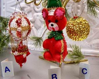 Choose from 3 Classic red and gold ornaments Balloon Santa or Red Teddy bear or Gold sequins and beads