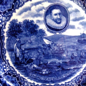 Ye Olde Historical No5 Landing of Hendrick Hudson Flow Blue Plate Staffordshire England
