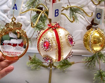 Choose from three Vintage ornaments Brass Home or Elaborate Cabachon sequin or gold satin trim ball