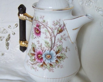 Antique Porcelain Brown Transferware Coffeepot black handle gold trim