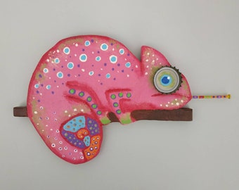 Pink Chameleon Pink chameleon, colourful, wall decoration, whimsical, recycled objects, whimsical art