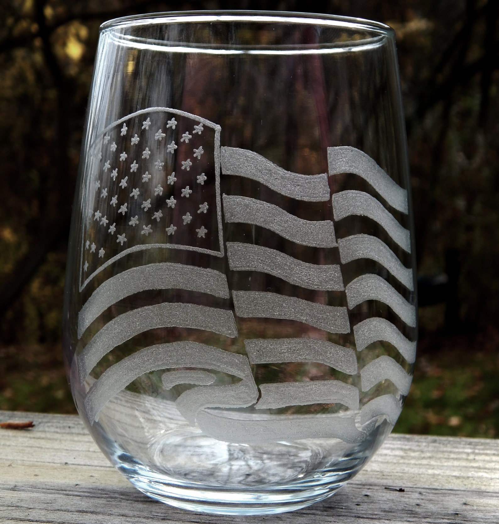American Flag Etched Stemless Wine Glass Etsy