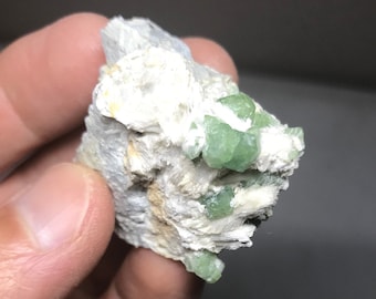 May include: A cluster of green crystals embedded in a white, fibrous matrix. The crystals have a sharp, geometric shape.
