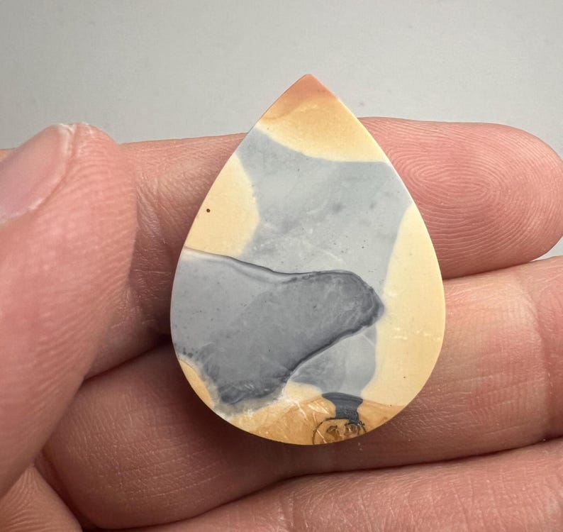 May include: A teardrop-shaped cabochon of polished stone with a swirling pattern of gray, white, and tan.