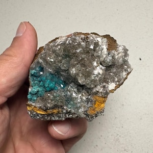 Puede incluir: Una mano sosteniendo un espécimen mineral natural. La roca presenta una matriz de cristales claros y grises, con un vibrante grupo de formaciones minerales de color turquesa. La base tiene una banda de tonos amarillos y marrones.