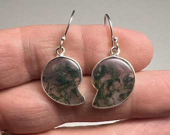 Ammonite shaped Moss Agate and .925 Sterling Silver Earrings