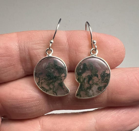 Ammonite shaped Moss Agate and .925 Sterling Silver Earrings