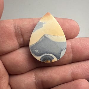 May include: A teardrop-shaped cabochon of polished, multi-colored agate. The stone has a swirling pattern of yellow, gray, and white.
