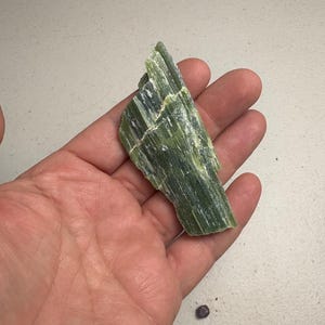 Könnte beinhalten: Eine Hand hält ein raues, grünes Mineralexemplar. Der Stein hat ein geschichtetes Aussehen mit hellen und dunklen Grüntönen. Die Oberfläche des Minerals ist strukturiert mit sichtbaren kristallinen Strukturen. Kleine, dunkelviolette Steine sind in der Nähe verstreut.