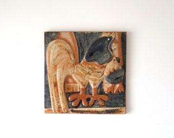 Large Ceramic Art Wall tile, cockerel with chick by Noomi Backhausen for Söholm, Danish Modern,