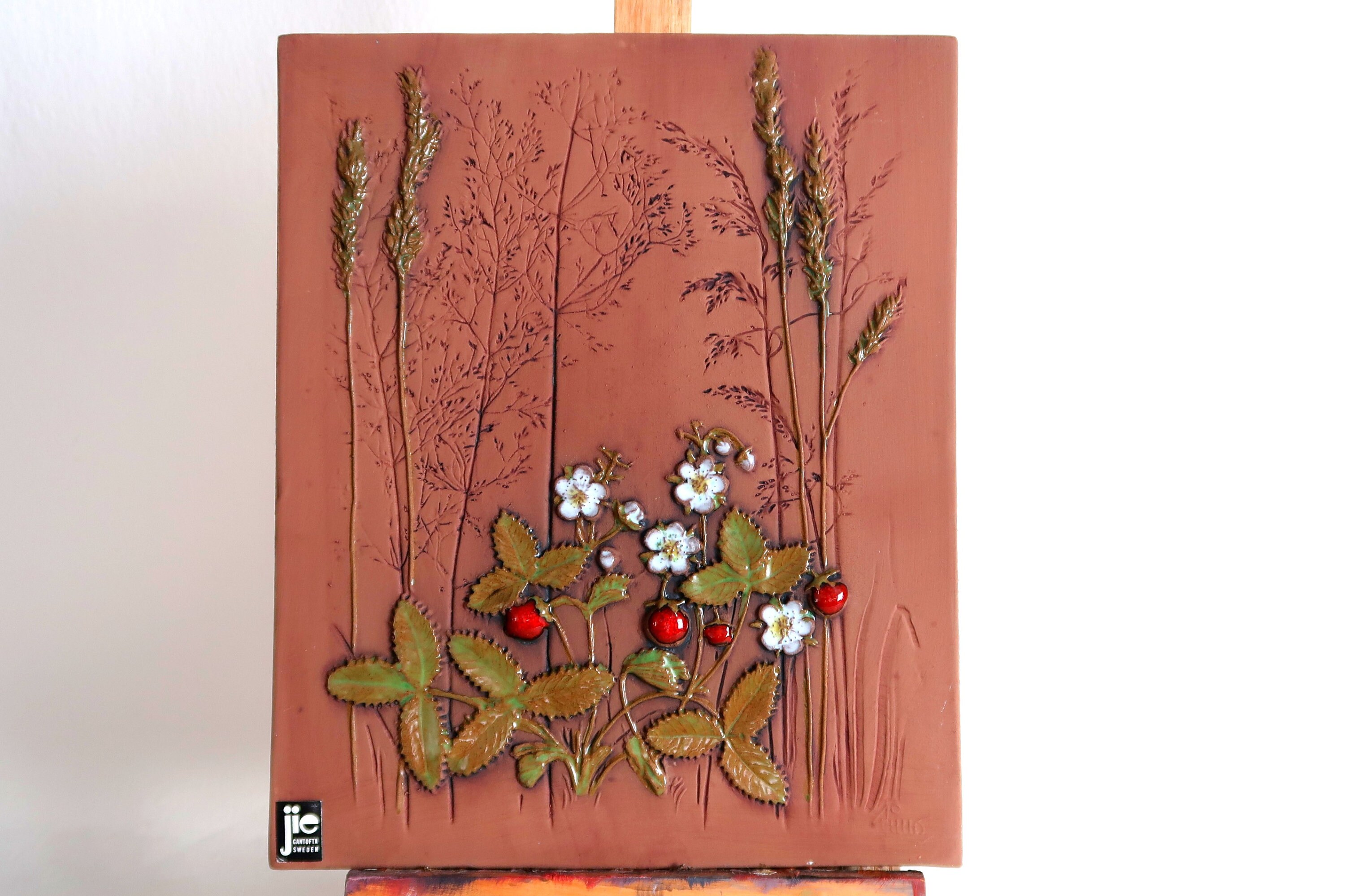 Jie Gantofta wall hanging- 'Wild Strawberries' by Aimo Nietosvuori, 1970's Swedish ceramic art