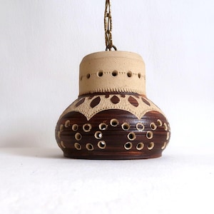 Vintage Swedish hand thrown ceramic pendant lamp with brass fittings, Astrid Noordgren lamp 1981.