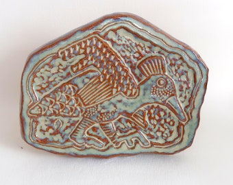 Einar Johansen ceramic wall hanging for Söholm Bornholm,  abstract bird motif, Danish Mid century modern.