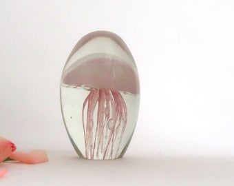Swedish art-glass Paperweight with pink jellyfish, Ulven glass-works ,