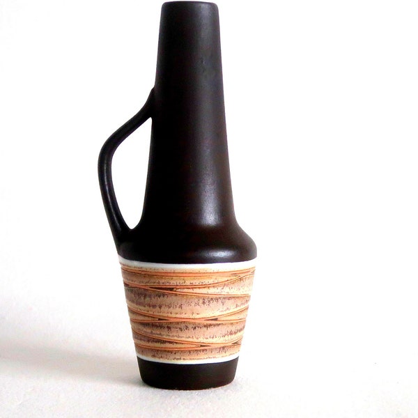Steuler keramik long necked vase with handle, rich brown with sand colored decor