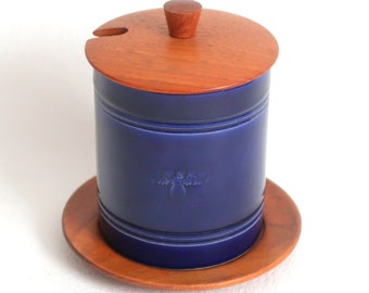 Swedish ceramic preserve pot with teak lid and tray, 1960's Scandinavian design by Torreboda Keramik, Mid Century Modern