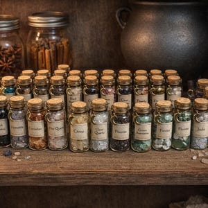 May include: A collection of small glass bottles with cork stoppers, each filled with colorful crystals and labeled with names like "Amethyst" and "Clear Quartz." The bottles are arranged on a wooden shelf, with jars of spices and a cauldron in the background.