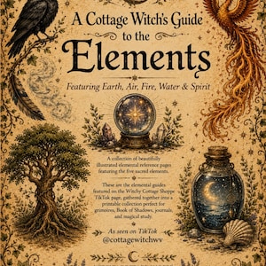 May include: A printed guide titled A Cottage Witch's Guide to the Elements featuring illustrations of a black raven, a phoenix, a crystal ball, a tree, and a bottle with a moon. The text includes Earth, Air, Fire, Water & Spirit and @cottagewitchwv.