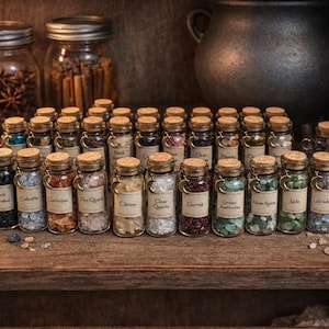 May include: A collection of small glass jars with cork stoppers, each filled with different colored tumbled gemstones. Each jar features a paper label with the stone name and a small gold-toned crescent moon charm attached to the neck.