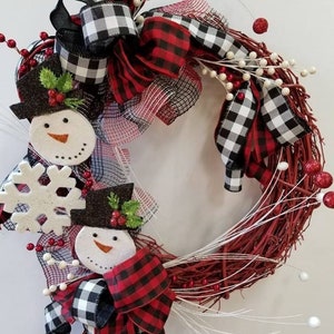 Winter Snowman Wreath, Buffalo Check Snowman Wreath, Christmas Wreath, County Snowman Wreath, Red Grapevine Wreath, Whimsical Snowman Wreath