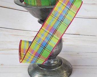Blue, Pink, Lime Green and Yellow Plaid Ribbon, 1.5" Wired Ribbon