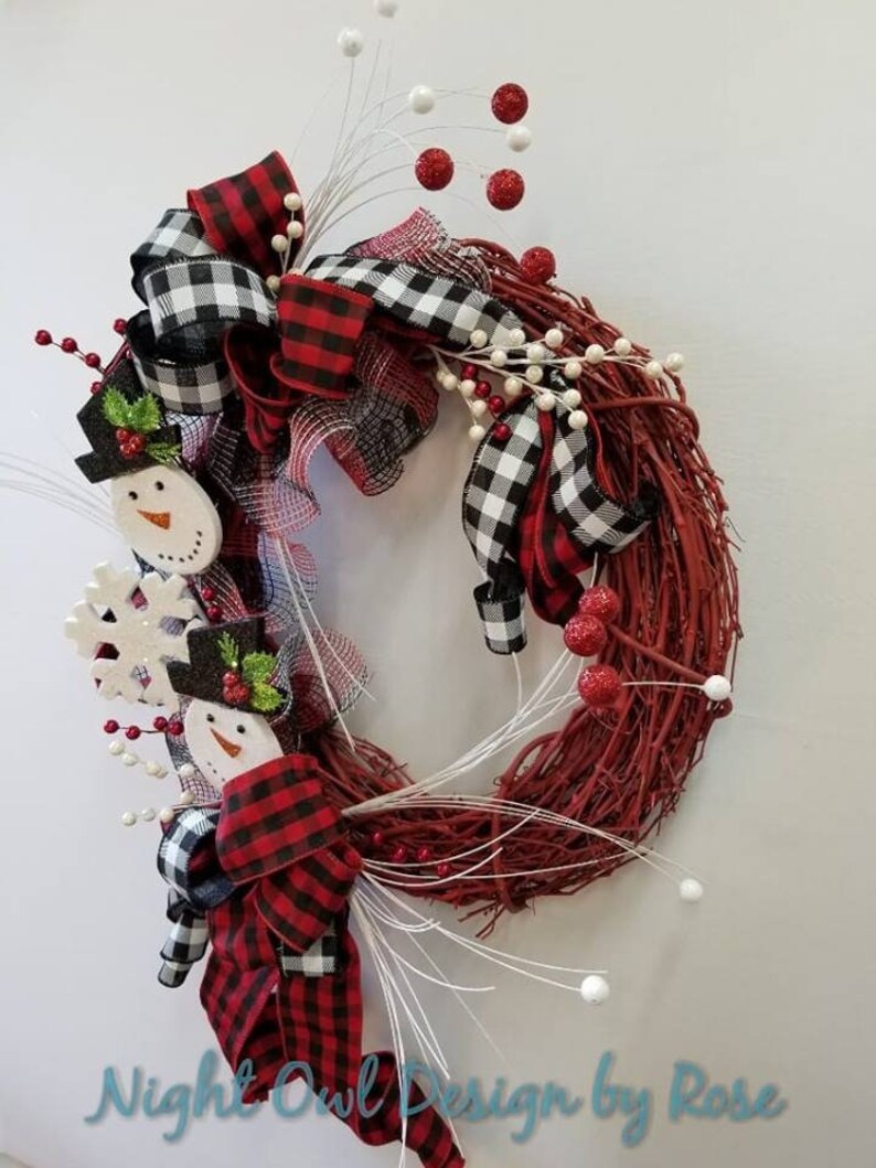 Winter Snowman Wreath, Buffalo Check Snowman Wreath, Christmas Wreath ...