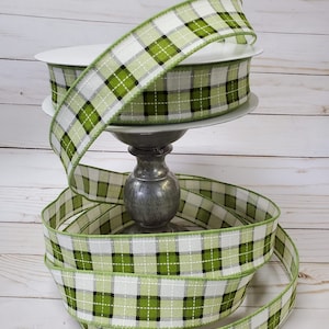Green, Black and White Plaid Ribbon, 1.5&quot; Wired Ribbon