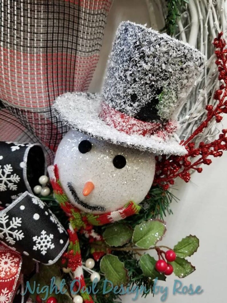 Winter Snowman Wreath, Holiday Grapevine Wreath, Whimsical Snowman Wreath, Snowman Decor, White Grapevine Wreath, Frosty the Snowman Wreath image 9