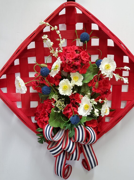 Patriotic Tobacco Basket Wall Hanger, Patriotic Wall Hanging, Tobacco Basket,  Red White Blue Wall Hanger, Patriotic Decor, Everyday Decor