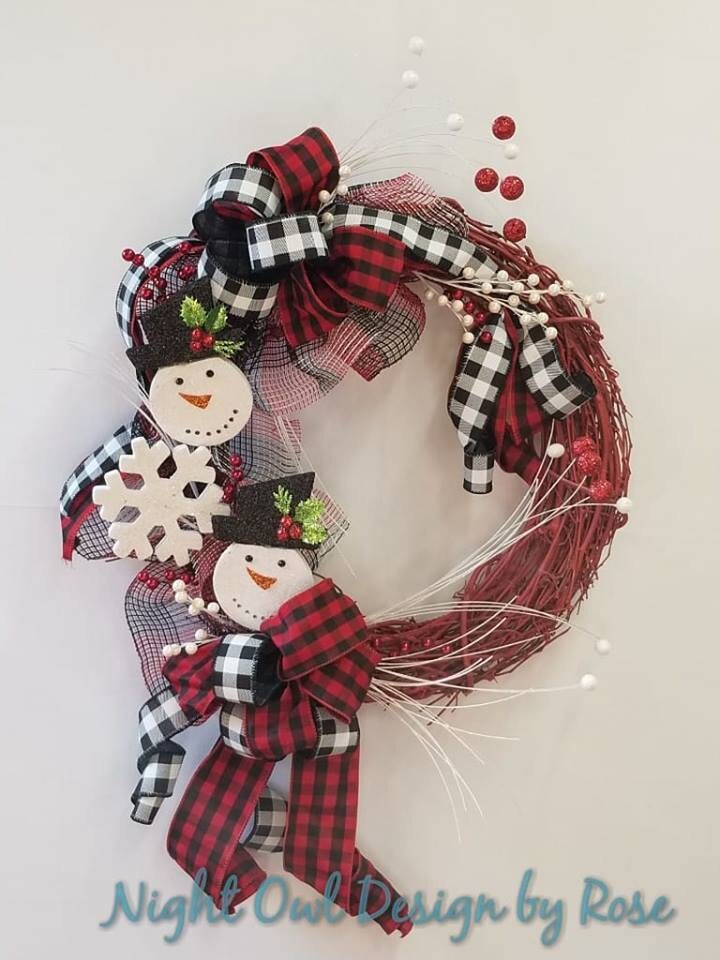 Winter Snowman Wreath, Buffalo Check Snowman Wreath, Christmas Wreath ...