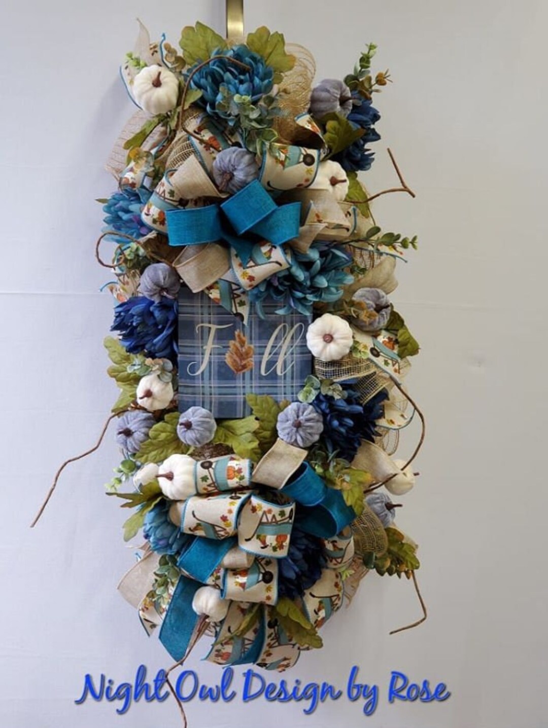 Blue Fall Wreath for Front Door, Pumpkin Wreath, Fall Wreath, Unique ...